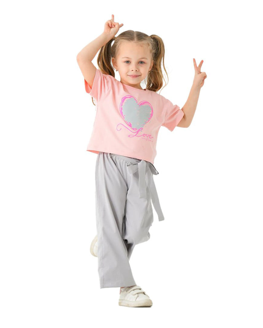 Girls Heart Graphic Tee & Wide-Leg Pants Set | Apricot - Remint Kids Fashion