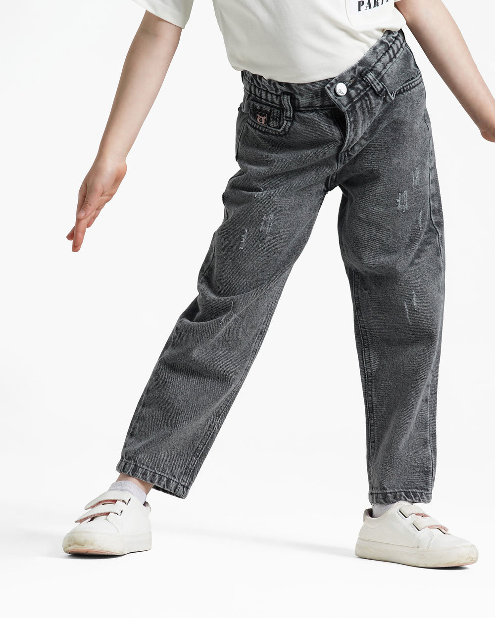 Girls Relaxed Fit Distressed Jeans | Grey Wash - Remint Kids Fashion