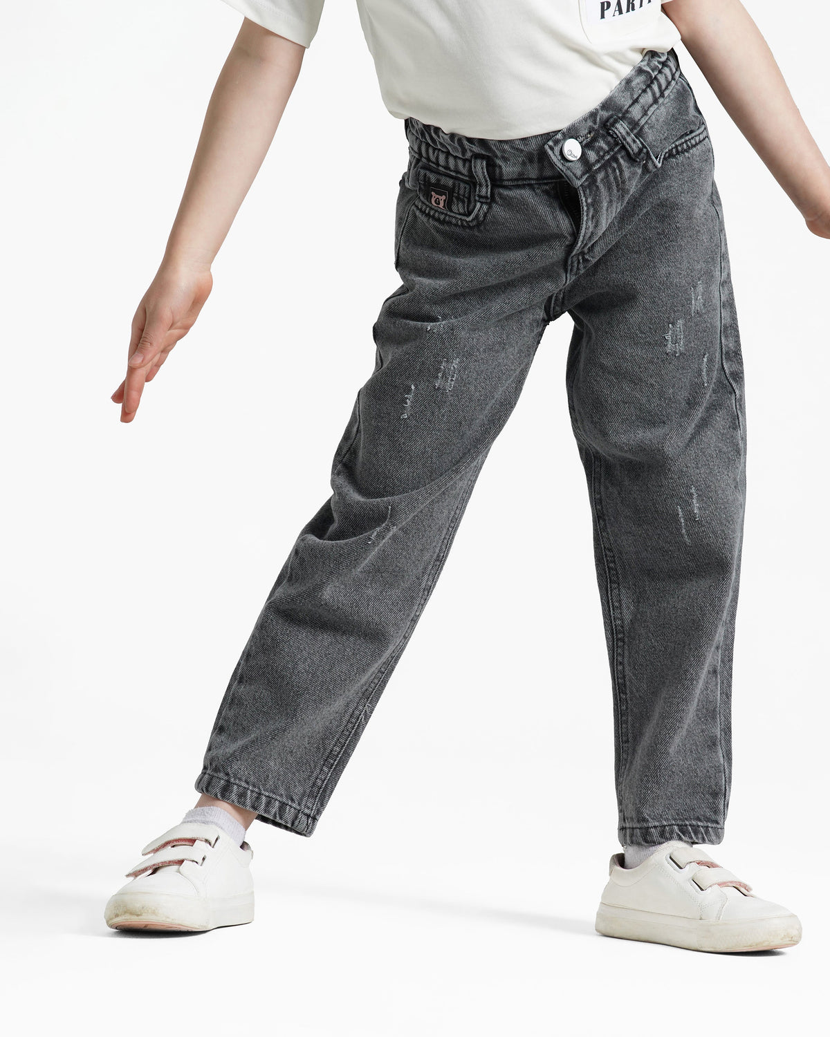 Girls Relaxed Fit Distressed Jeans | Grey Wash - Remint Kids Fashion