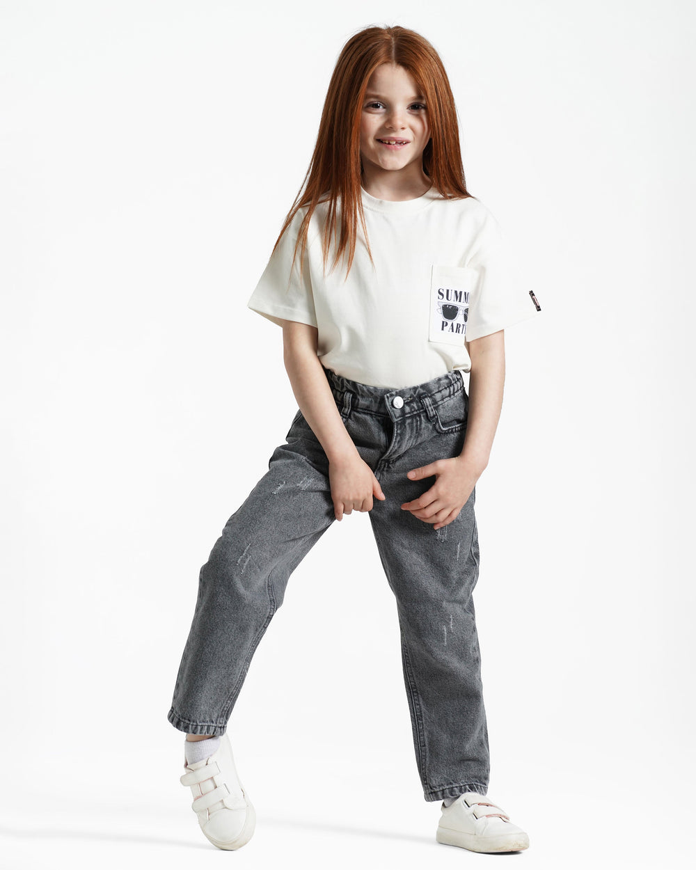 Girls Relaxed Fit Distressed Jeans | Grey Wash - Remint Kids Fashion