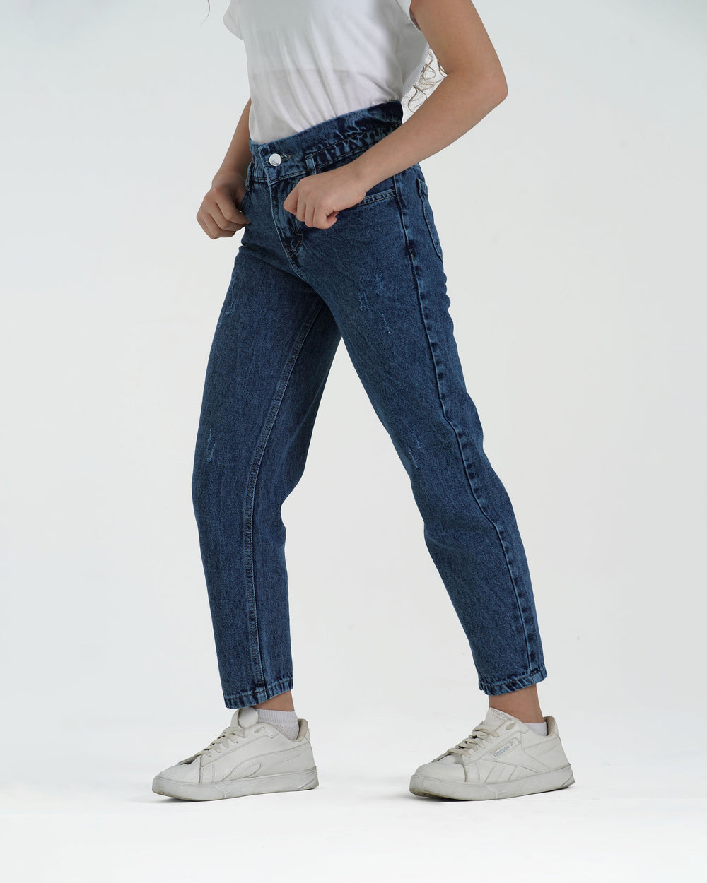 Girls High-Rise Elastic Waist Jeans | Dark Wash - Remint Kids Fashion