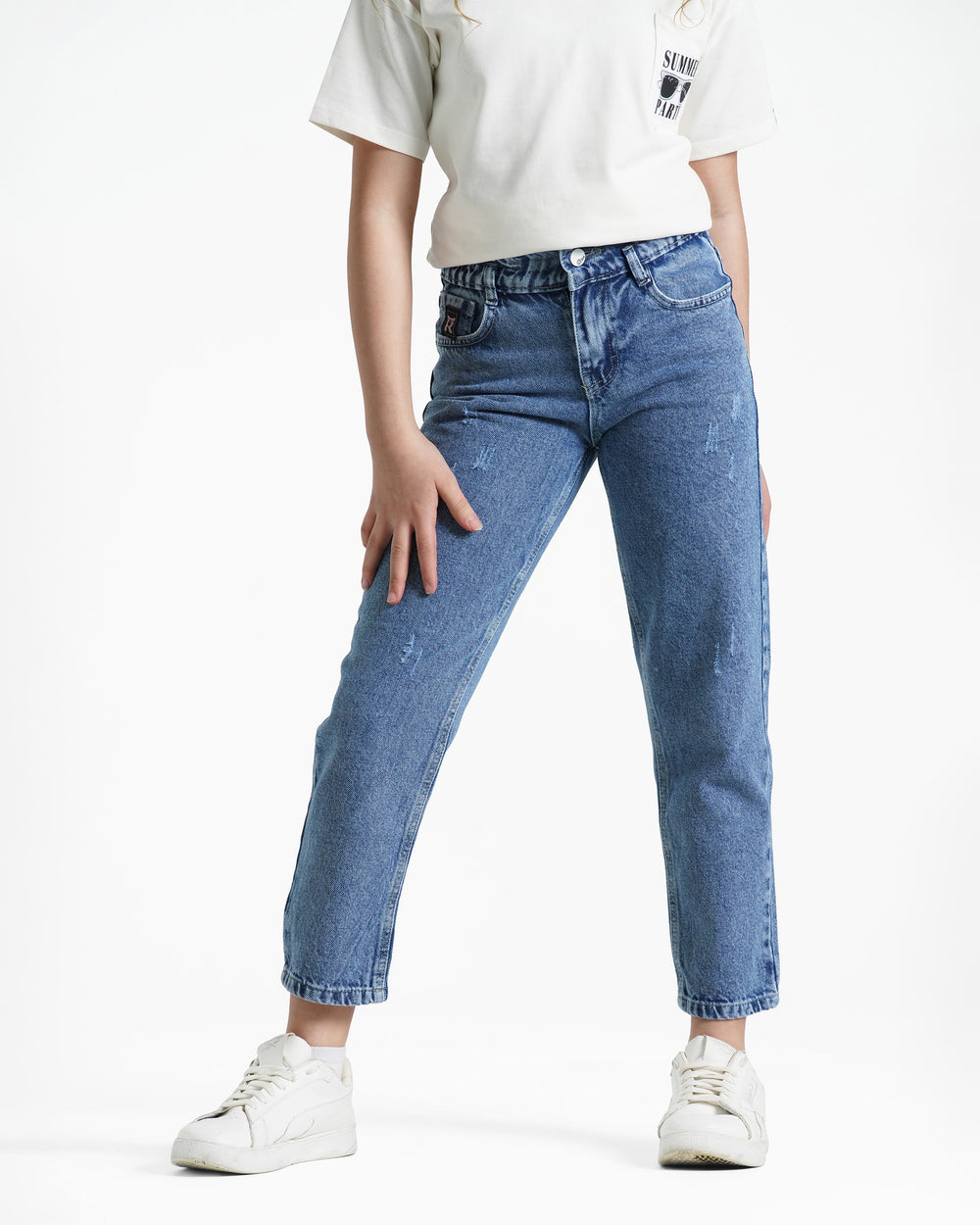 Girls High-Rise Elastic Waist Jeans | Medium Wash - Remint Kids Fashion