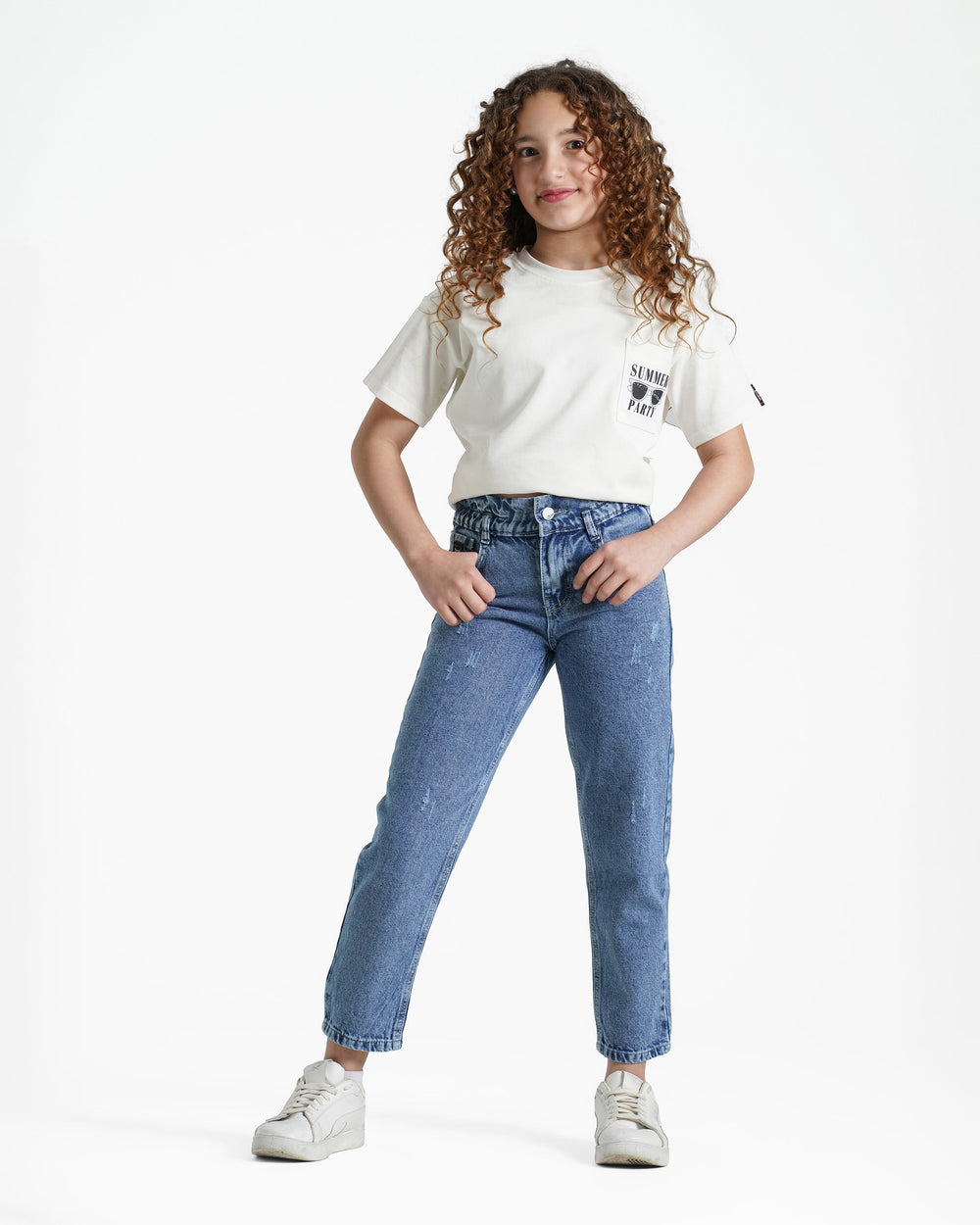 Girls High-Rise Elastic Waist Jeans | Medium Wash - Remint Kids Fashion