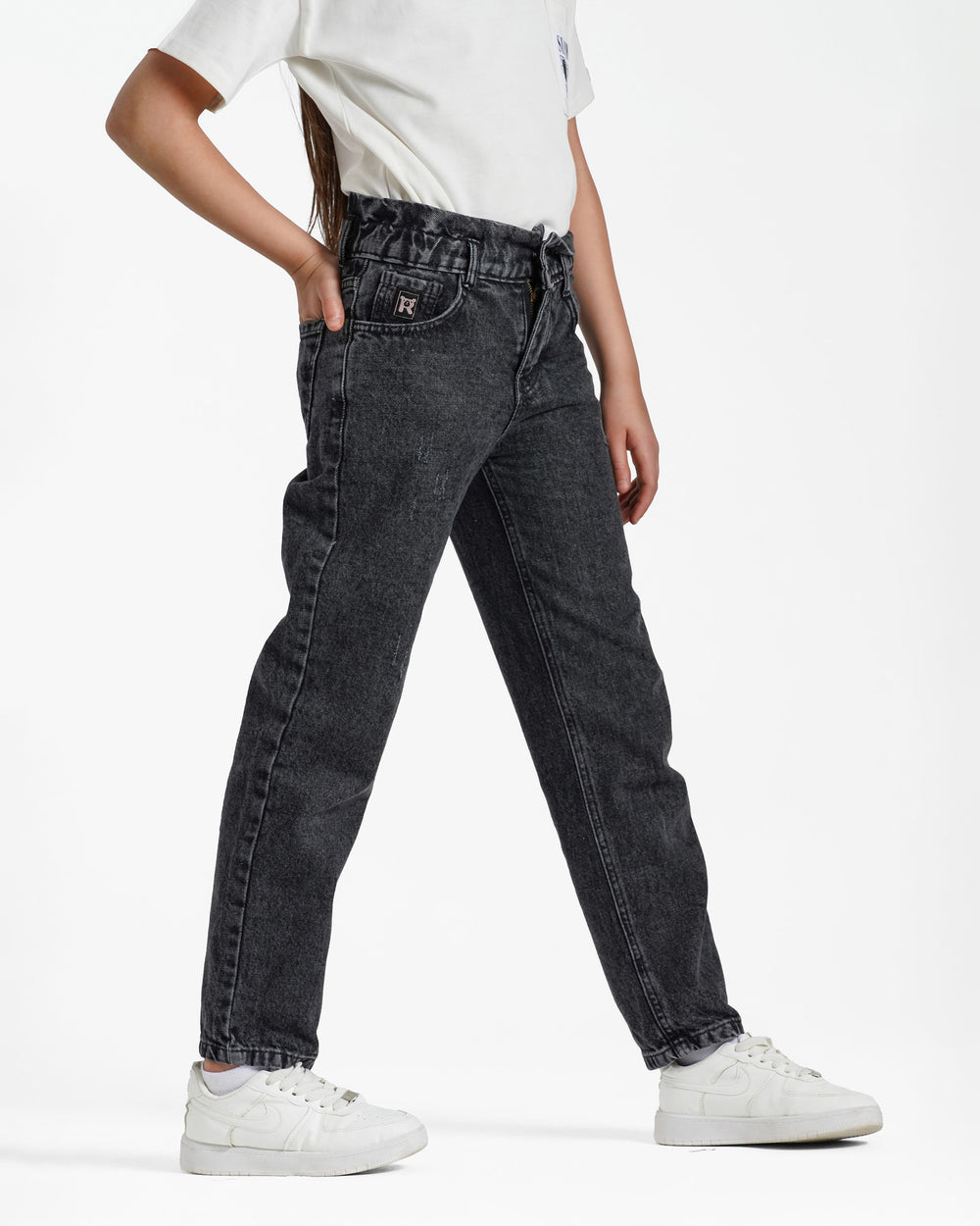 Girls High-Waisted Relaxed Fit Jeans | Black Wash - Remint Kids Fashion