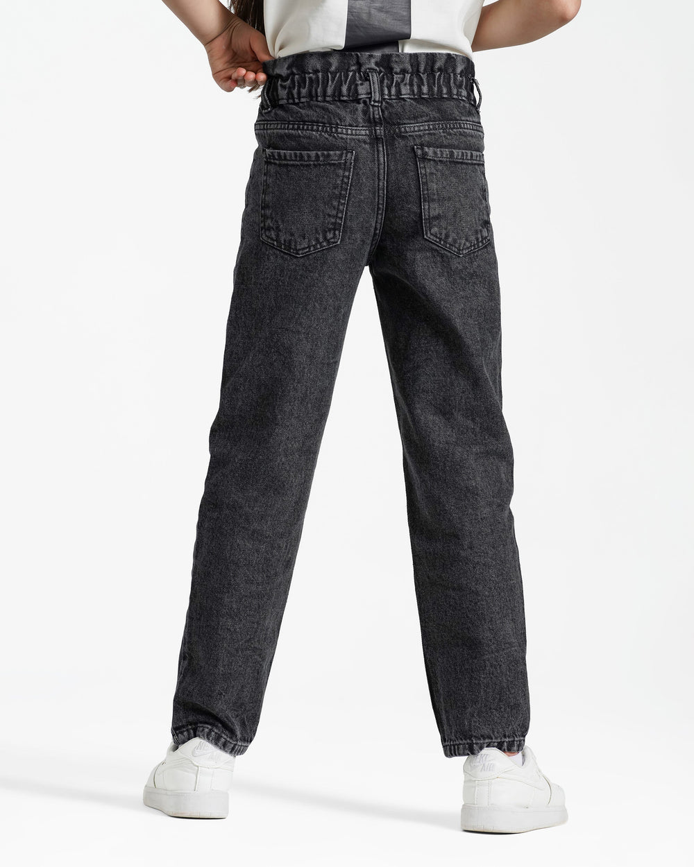 Girls High-Waisted Relaxed Fit Jeans | Black Wash - Remint Kids Fashion