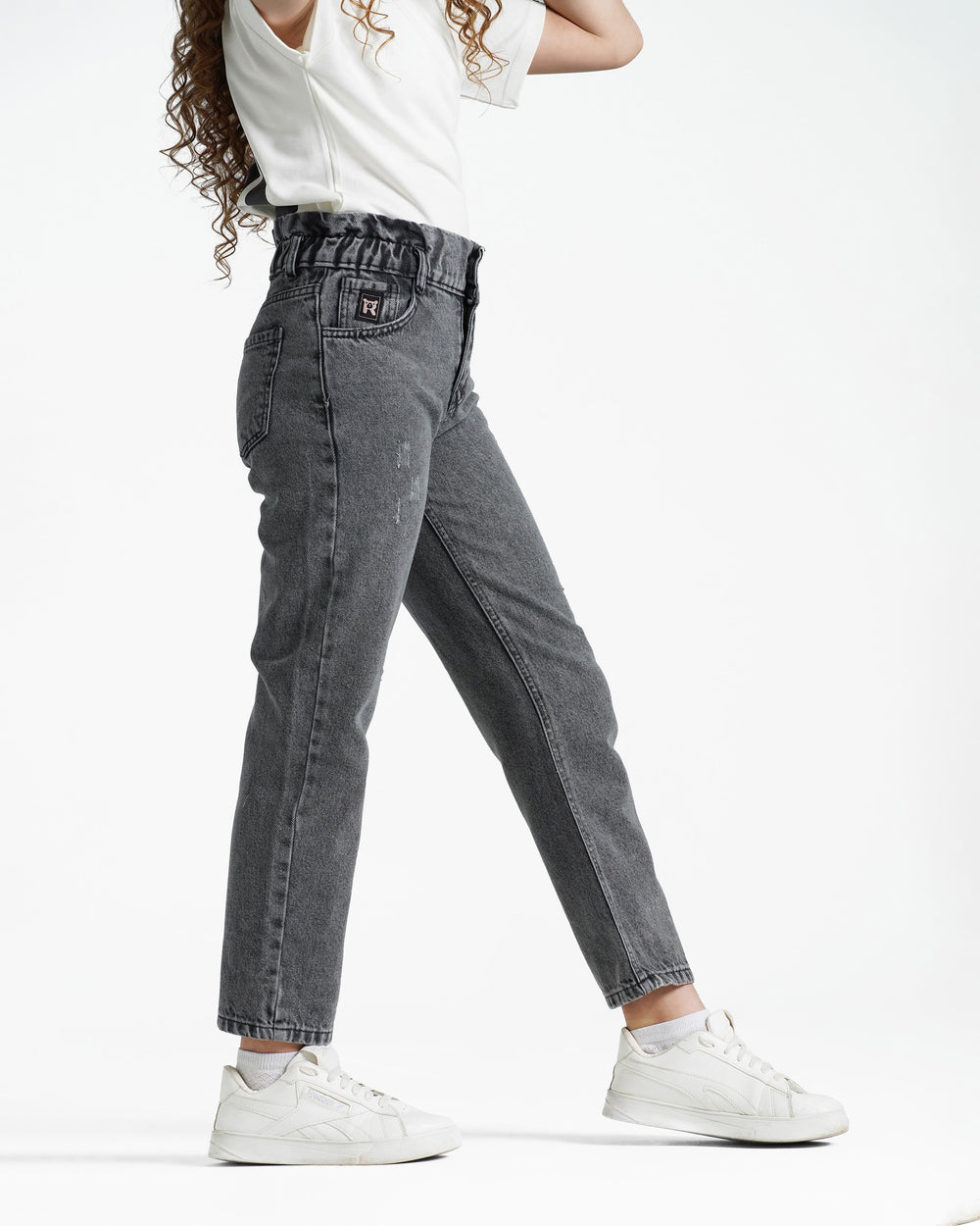 Girls High-Waisted Relaxed Fit Jeans | Grey Wash - Remint Kids Fashion