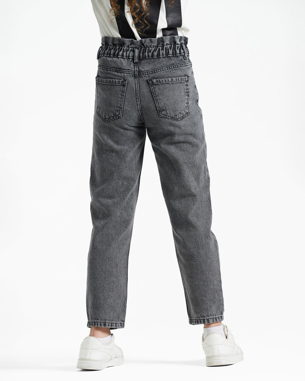 Girls High-Waisted Relaxed Fit Jeans | Grey Wash - Remint Kids Fashion