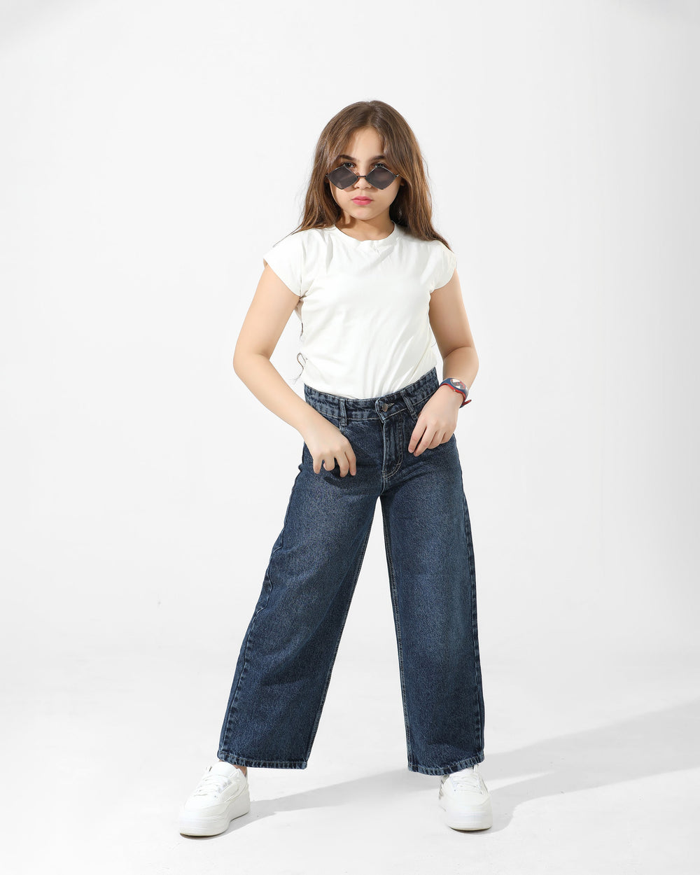 Girls High-Waist Wide-Leg Denim Jeans | Dark Wash - Remint Kids Fashion