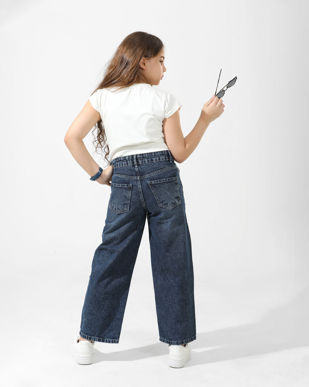 Girls High-Waist Wide-Leg Denim Jeans | Dark Wash - Remint Kids Fashion
