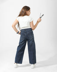 Girls High-Waist Wide-Leg Denim Jeans | Dark Wash - Remint Kids Fashion