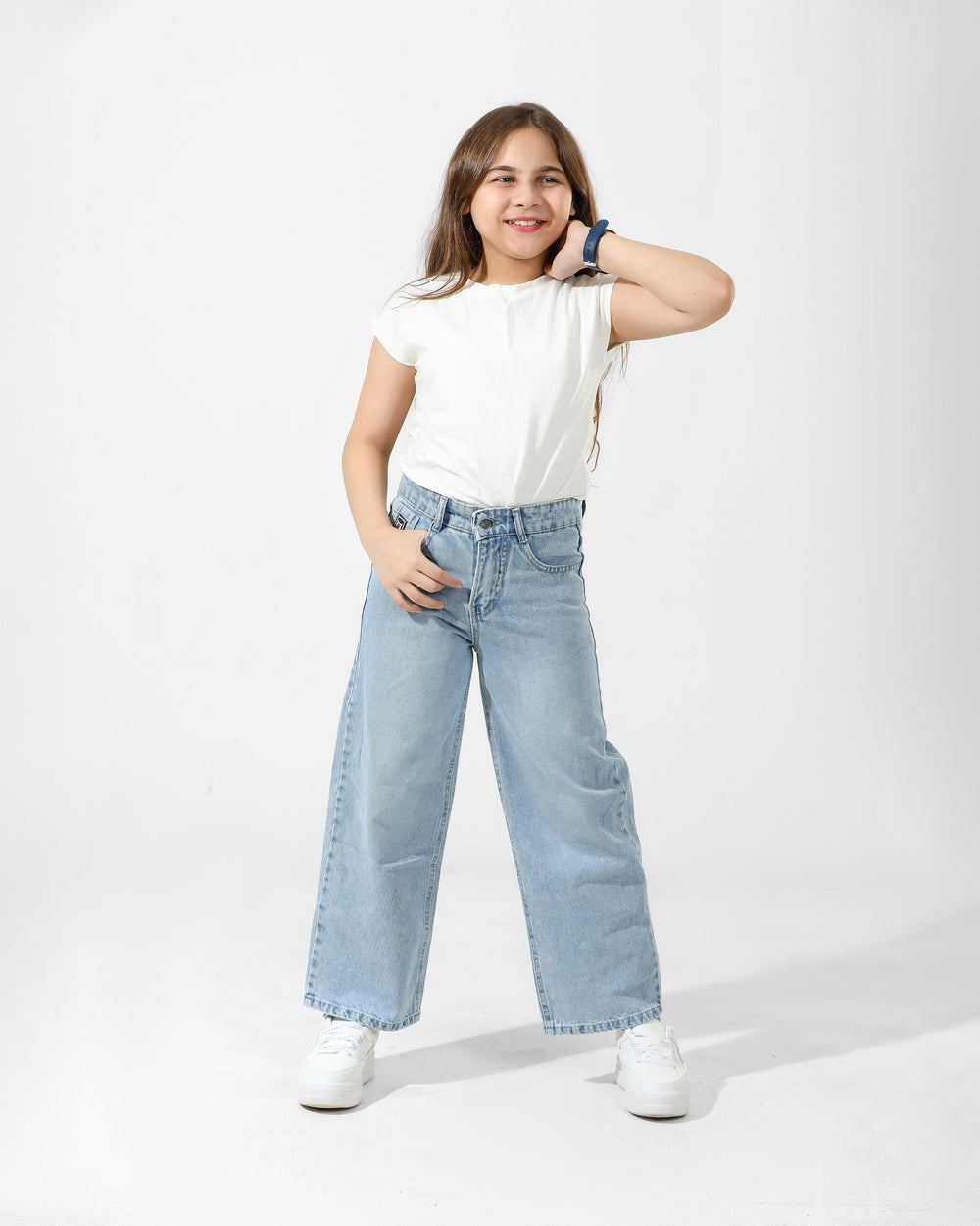 Girls High-Waist Wide-Leg Denim Jeans | Light Wash - Remint Kids Fashion