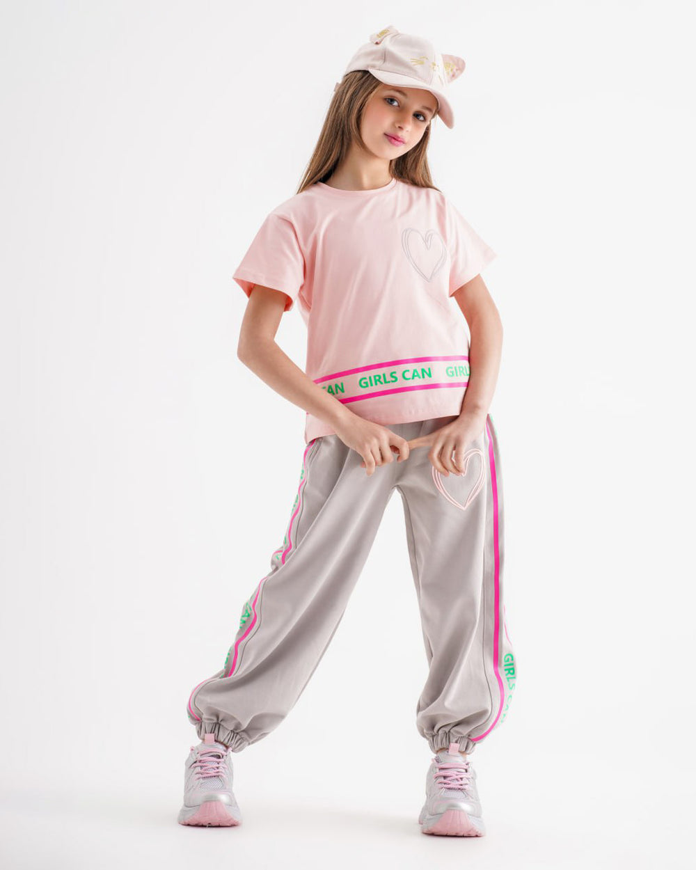 Girls “Girls Can” Heart Set | Apricot - Remint Kids Fashion