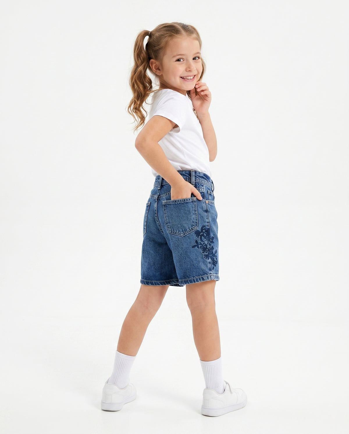 Girls Floral Print Denim Shorts | Medium Wash - Remint Kids Fashion