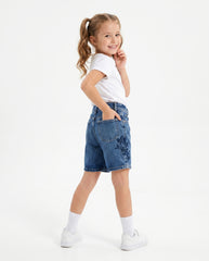 Girls Floral Print Denim Shorts | Medium Wash - Remint Kids Fashion