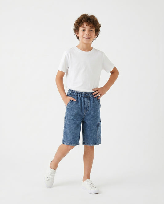 Boys Denim Cargo Bermuda Shorts | Medium Wash - Remint Kids Fashion