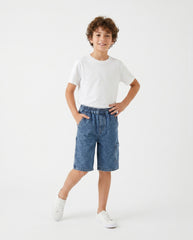 Boys Denim Cargo Bermuda Shorts | Medium Wash - Remint Kids Fashion