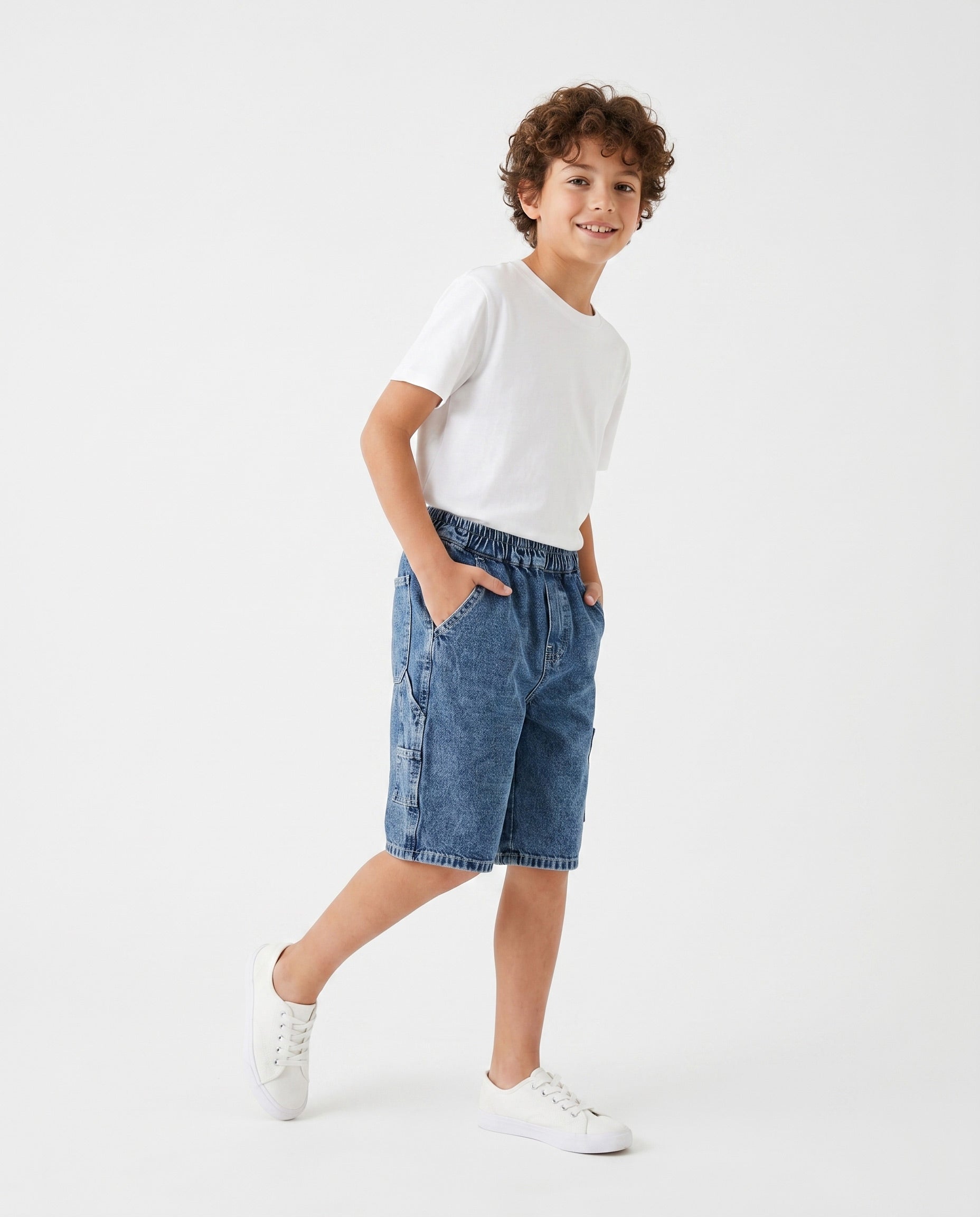 Boys Denim Cargo Bermuda Shorts | Medium Wash - Remint Kids Fashion