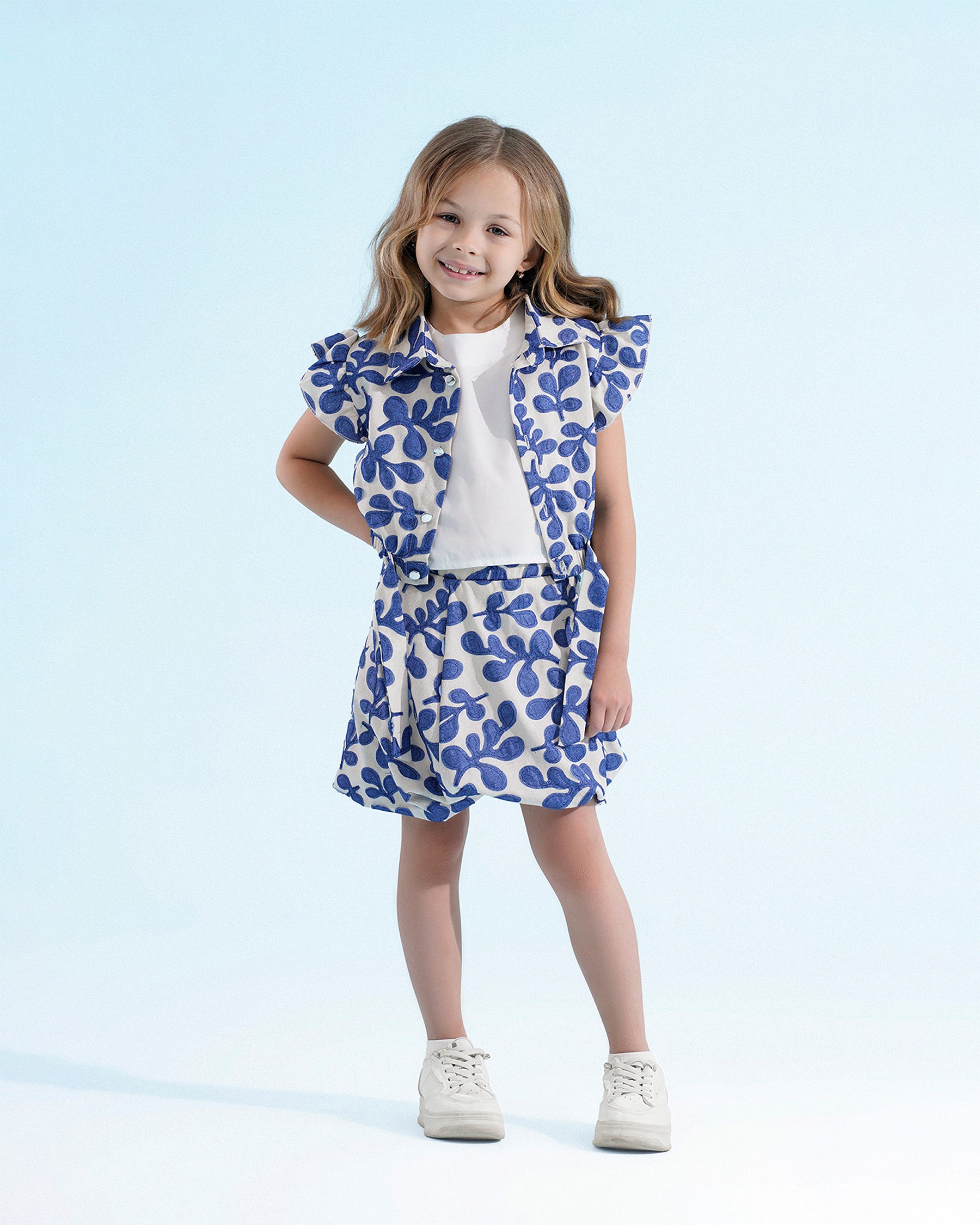 Girls Floral Print Ruffle Sleeve Dress | Blue - Remint Kids Fashion