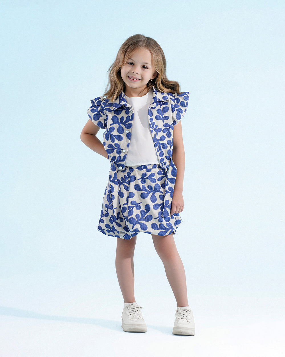 Girls Floral Print Ruffle Sleeve Dress | Blue - Remint Kids Fashion