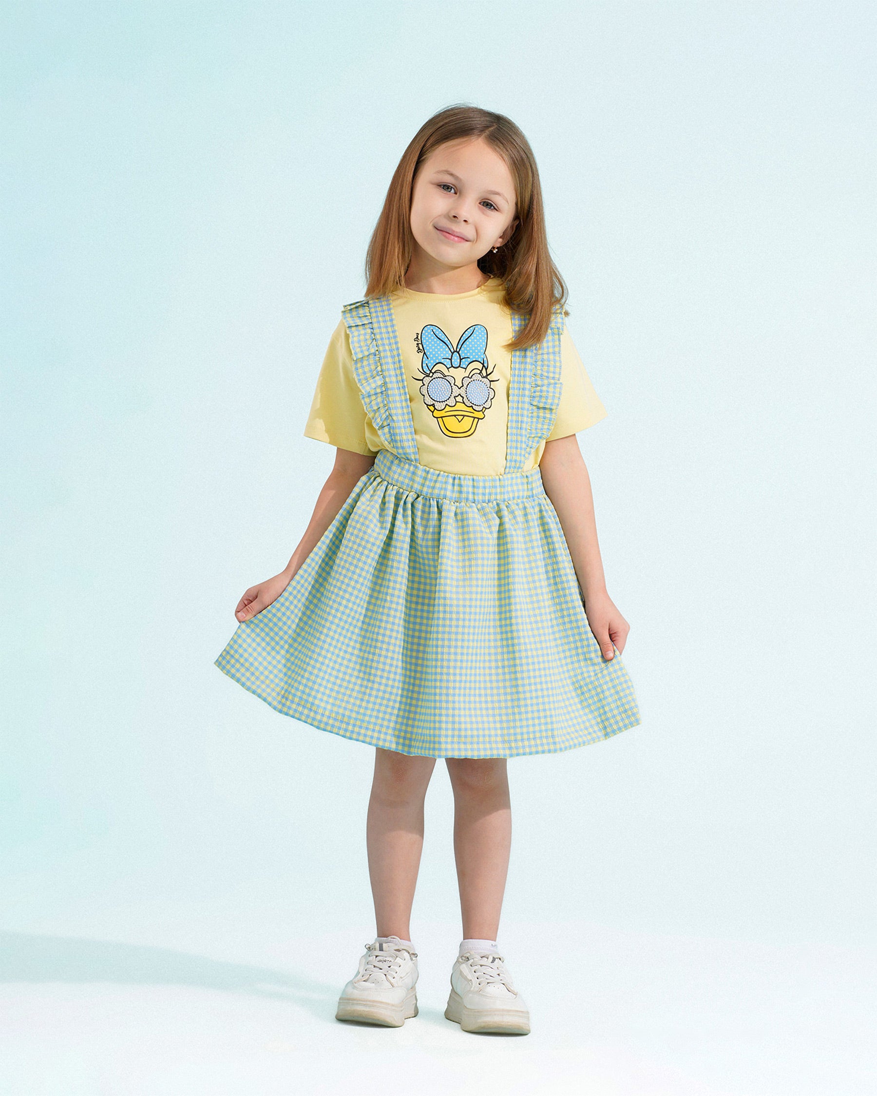 Girls Daisy Duck Graphic Gingham Dress | Light Yellow - Remint Kids Fashion