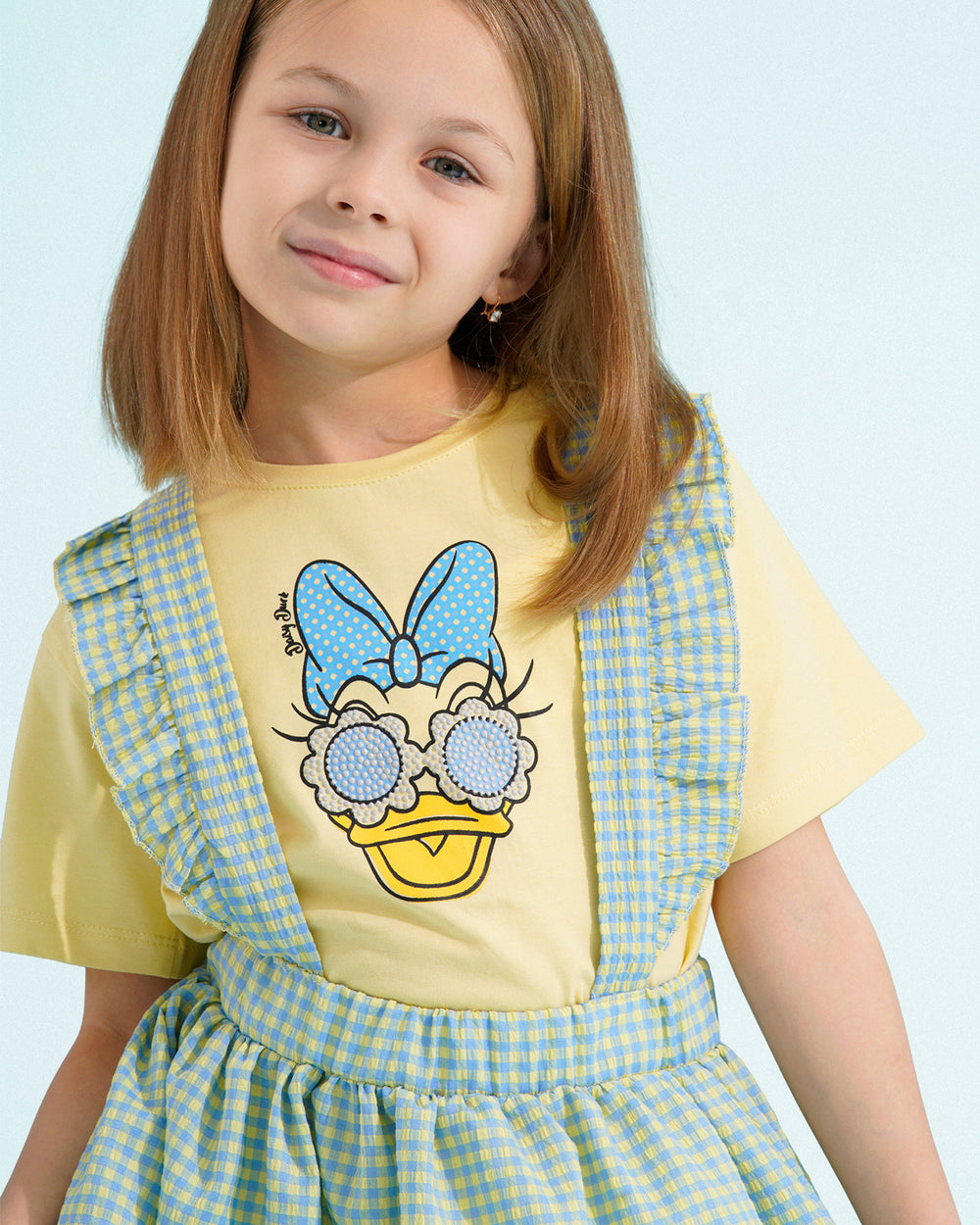 Girls Daisy Duck Graphic Gingham Dress | Light Yellow - Remint Kids Fashion