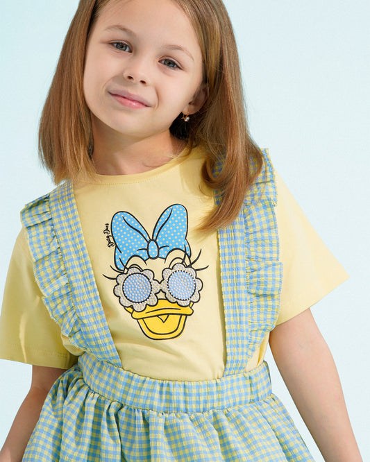 Girls Daisy Duck Graphic Gingham Dress | Light Yellow - Remint Kids Fashion