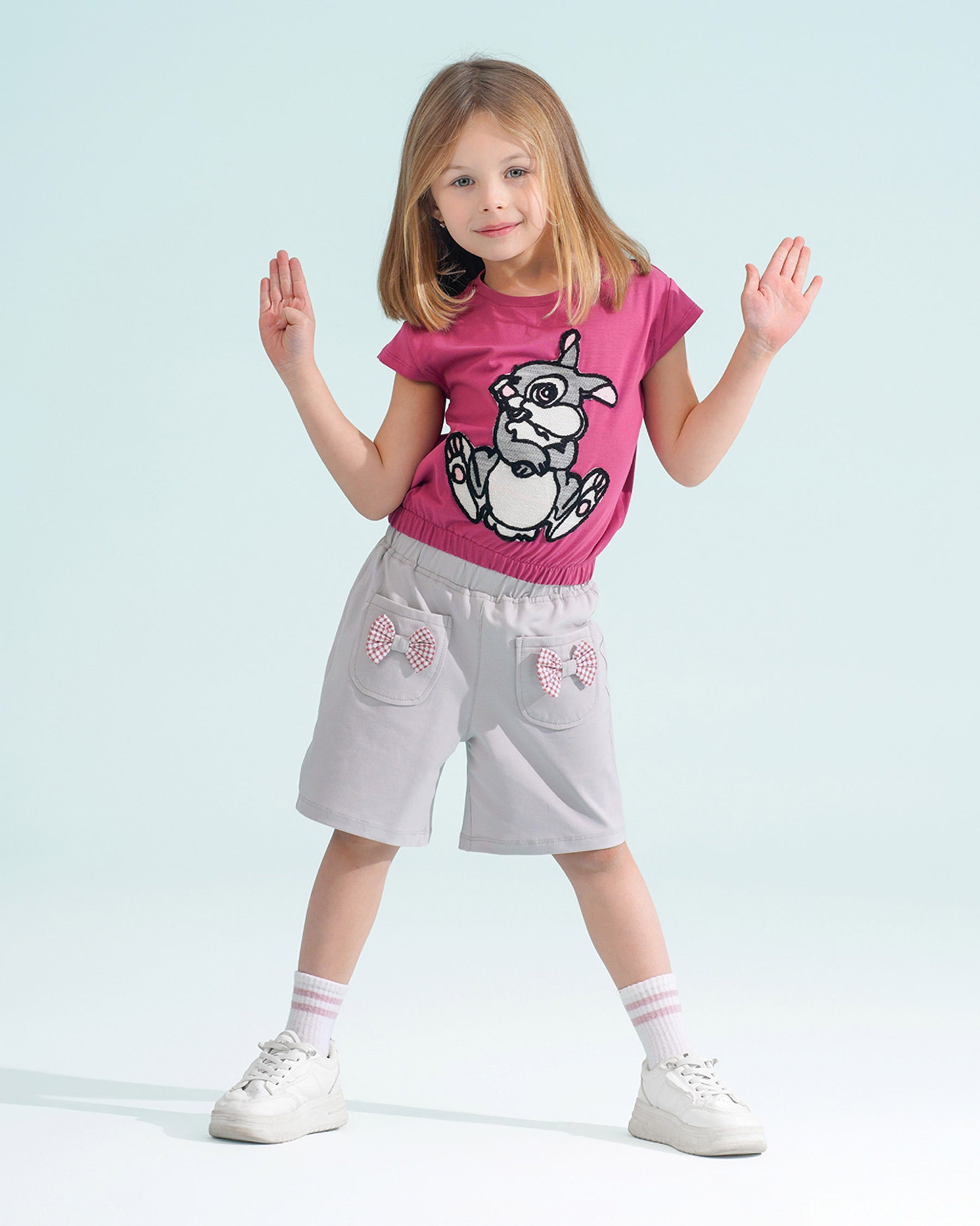 Girls Bunny Graphic T-Shirt & Shorts Set | Pink - Remint Kids Fashion