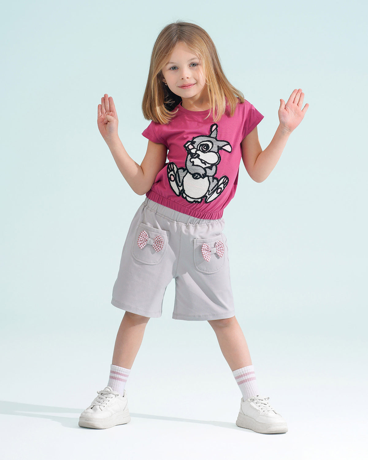 Girls Bunny Graphic T-Shirt & Shorts Set | Pink - Remint Kids Fashion