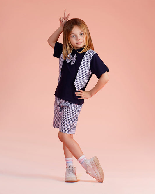 Girls Bow Detail Checked Shorts Set | Dark Blue - Remint Kids Fashion