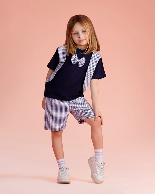 Girls Bow Detail Checked Shorts Set | Dark Blue - Remint Kids Fashion