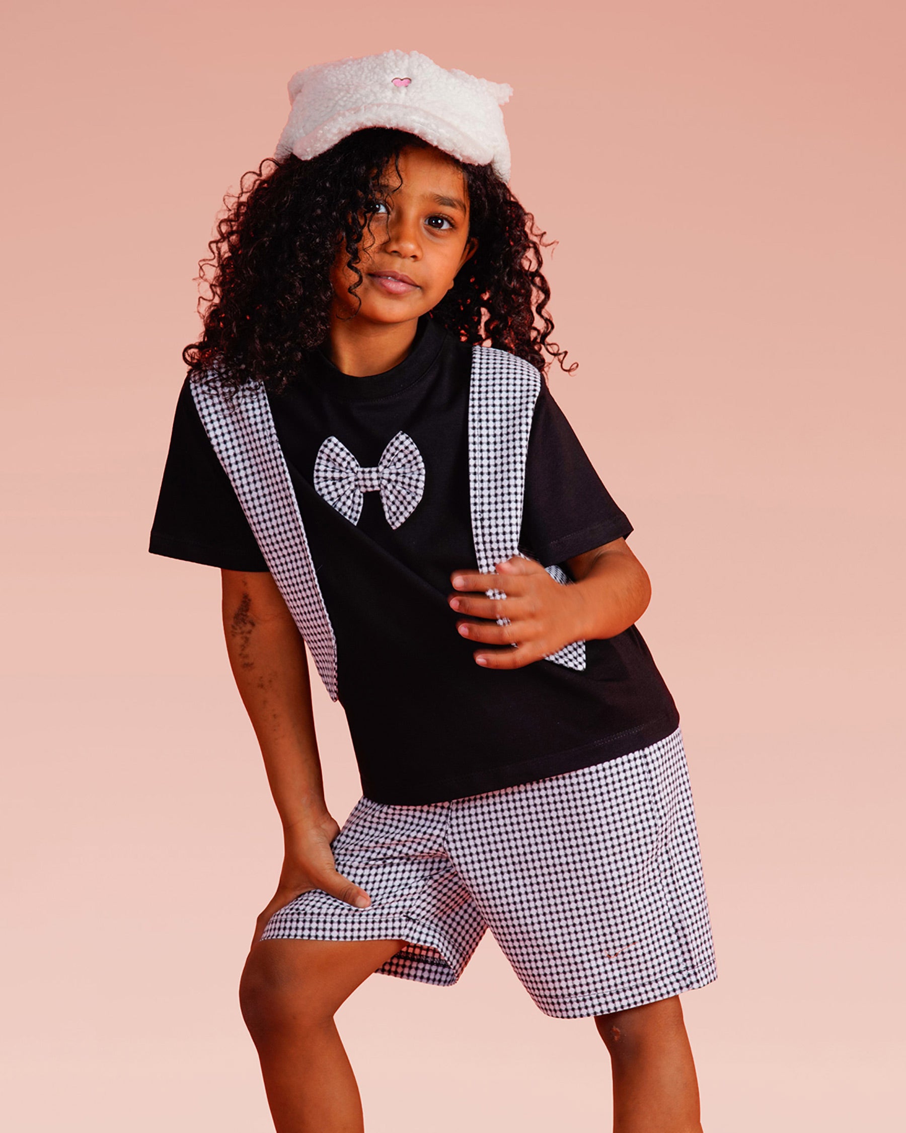 Girls Bow Detail Checked Shorts Set | Black - Remint Kids Fashion