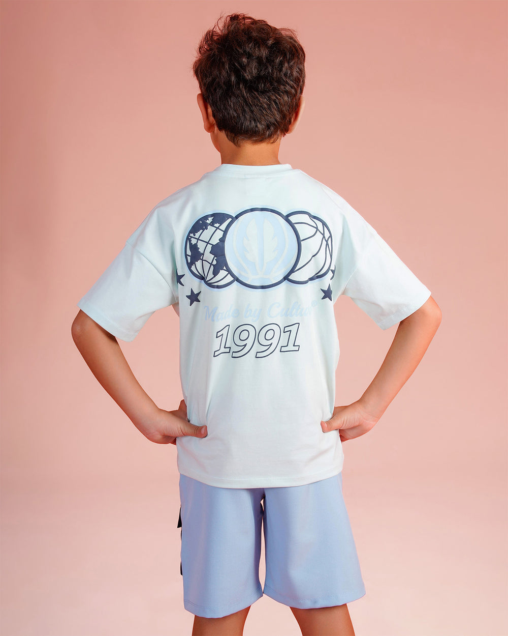 Boys Minimal Graphic Tee with Cargo Shorts Set | Light Blue - Remint Kids Fashion