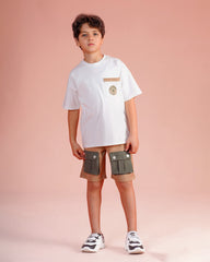 Boys Minimal Graphic Tee with Cargo Shorts Set | Peachy Beige - Remint Kids Fashion