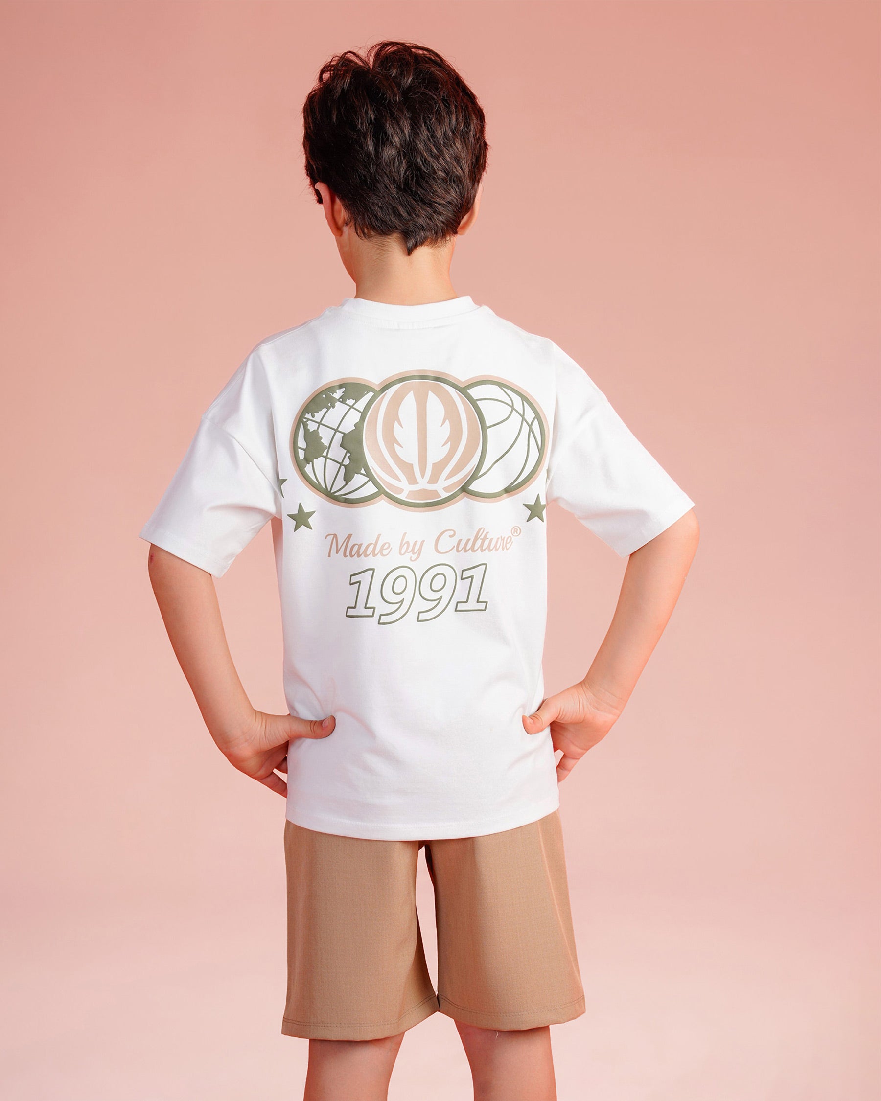Boys Minimal Graphic Tee with Cargo Shorts Set | Peachy Beige - Remint Kids Fashion