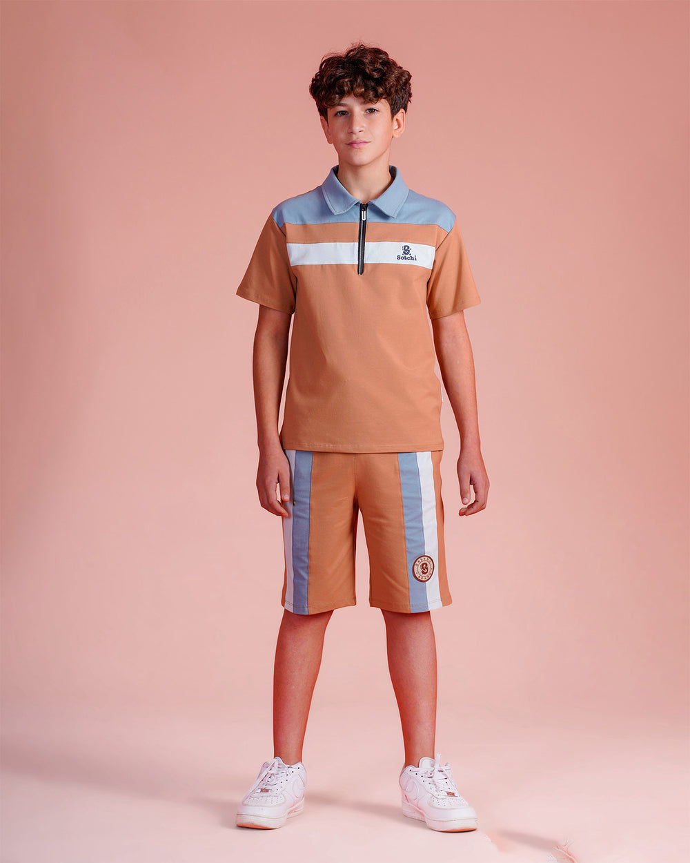 Boys Color Block Zip Polo & Shorts Set | Light Blue - Remint Kids Fashion