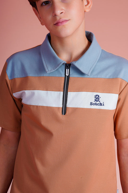 Boys Color Block Zip Polo & Shorts Set | Light Blue - Remint Kids Fashion