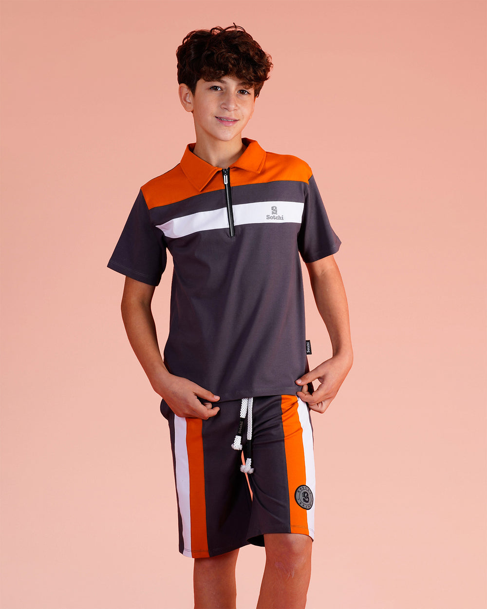 Boys Color Block Zip Polo & Shorts Set | Orange - Remint Kids Fashion