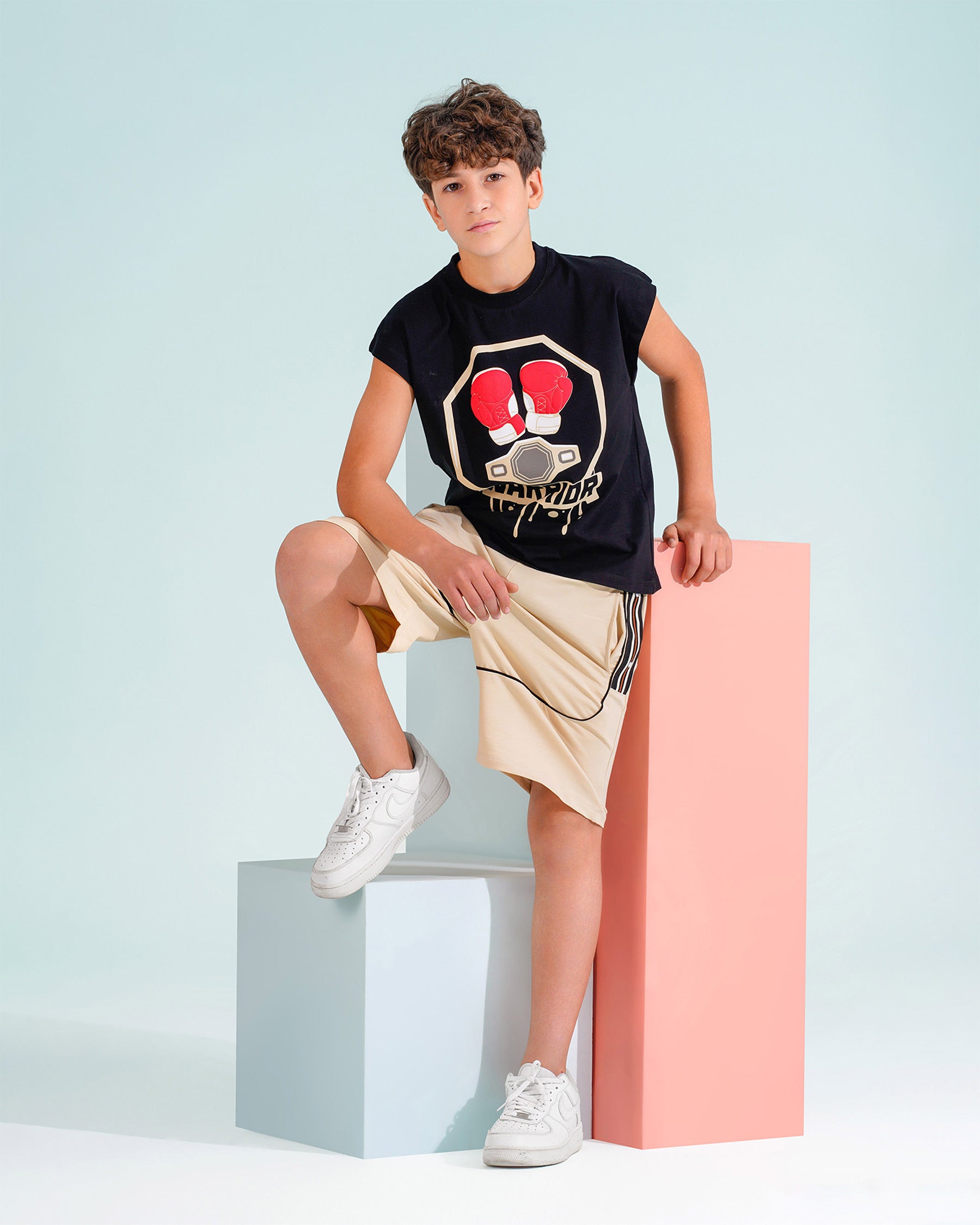 Boys Warrior Graphic Sleeveless T-Shirt & Shorts Set | Black - Remint Kids Fashion