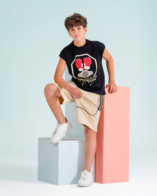Boys Warrior Graphic Sleeveless T-Shirt & Shorts Set | Black - Remint Kids Fashion