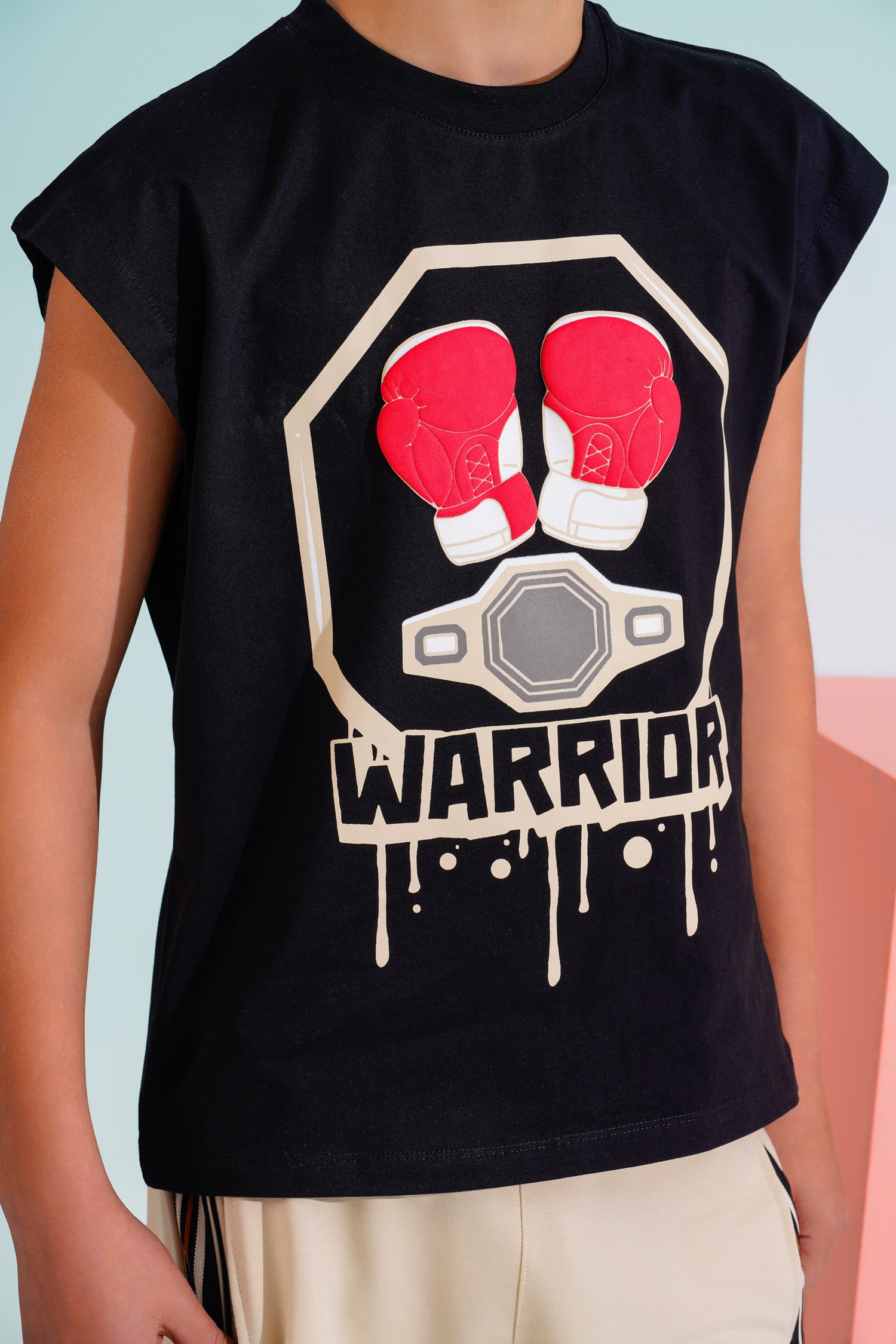 Boys Warrior Graphic Sleeveless T-Shirt & Shorts Set | Black - Remint Kids Fashion