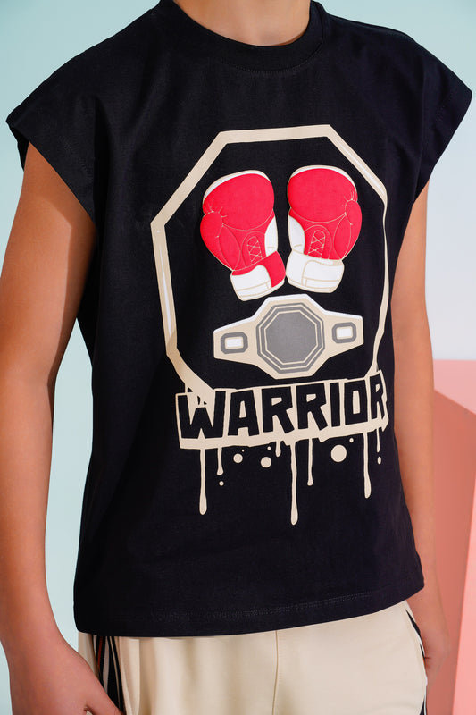 Boys Warrior Graphic Sleeveless T-Shirt & Shorts Set | Black - Remint Kids Fashion