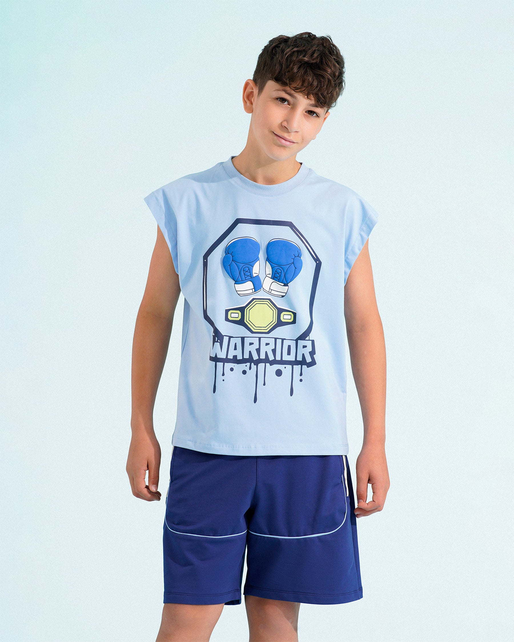 Boys Warrior Graphic Sleeveless T-Shirt & Shorts Set | Sky Blue - Remint Kids Fashion