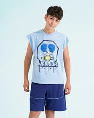 Boys Warrior Graphic Sleeveless T-Shirt & Shorts Set | Sky Blue - Remint Kids Fashion
