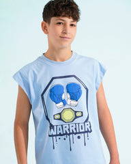 Boys Warrior Graphic Sleeveless T-Shirt & Shorts Set | Sky Blue - Remint Kids Fashion