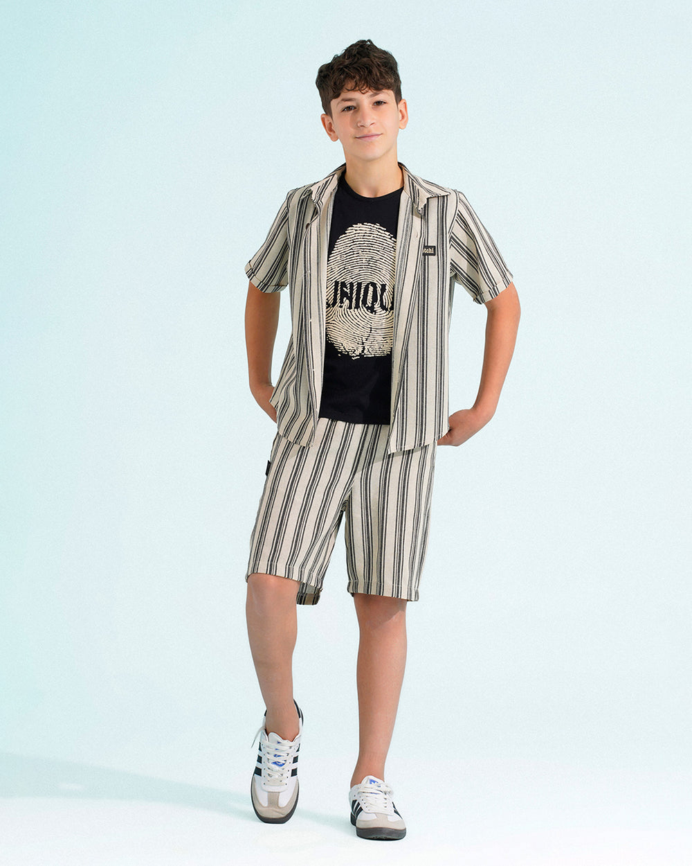 Boys Striped Shirt & Shorts Set with Graphic T-Shirt | Black - Remint Kids Fashion