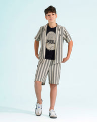 Boys Striped Shirt & Shorts Set with Graphic T-Shirt | Black - Remint Kids Fashion