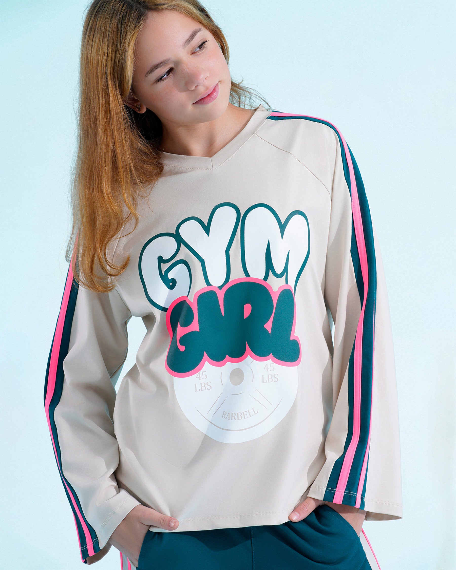 Girls Sporty Graphic Long Sleeve Set | Beige - Remint Kids Fashion