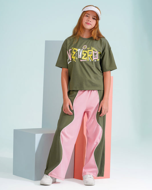 Girls Abstract Graphic Colorblock Set | Khaki - Remint Kids Fashion